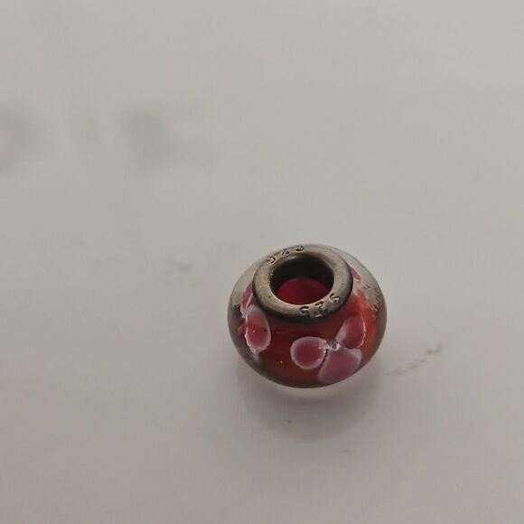 Murano Glass Flower Charm Stamped 925 Burgundy/ White - Picture 12 of 16